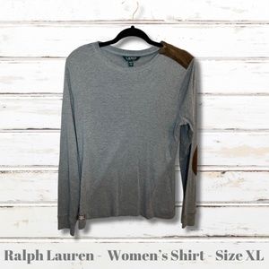 Lauren Ralph Lauren Women’s XL Shirt Suede Elbow Patch Shoulder Zipper Gray